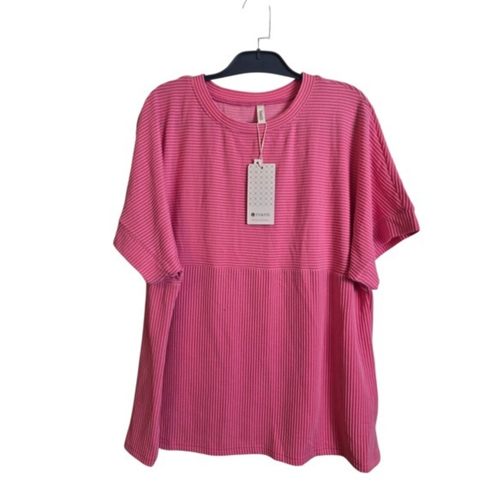 Evaless Ribbed Knit Top Womens 2XL Pink Short Sleeve Textured Crew Neck Tee NEW - Picture 3 of 14